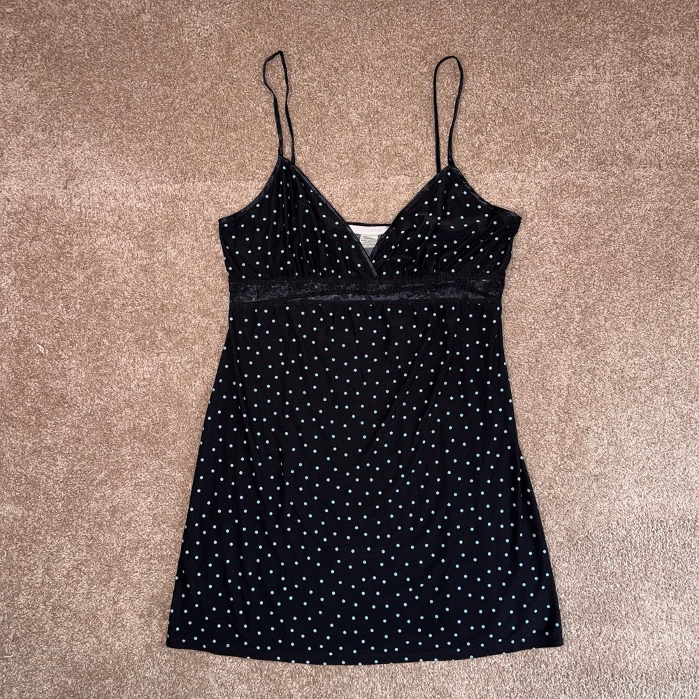 California Dynasty Black and Blue Polka Dot Y2K Babydoll Chemise Slip Dress - M